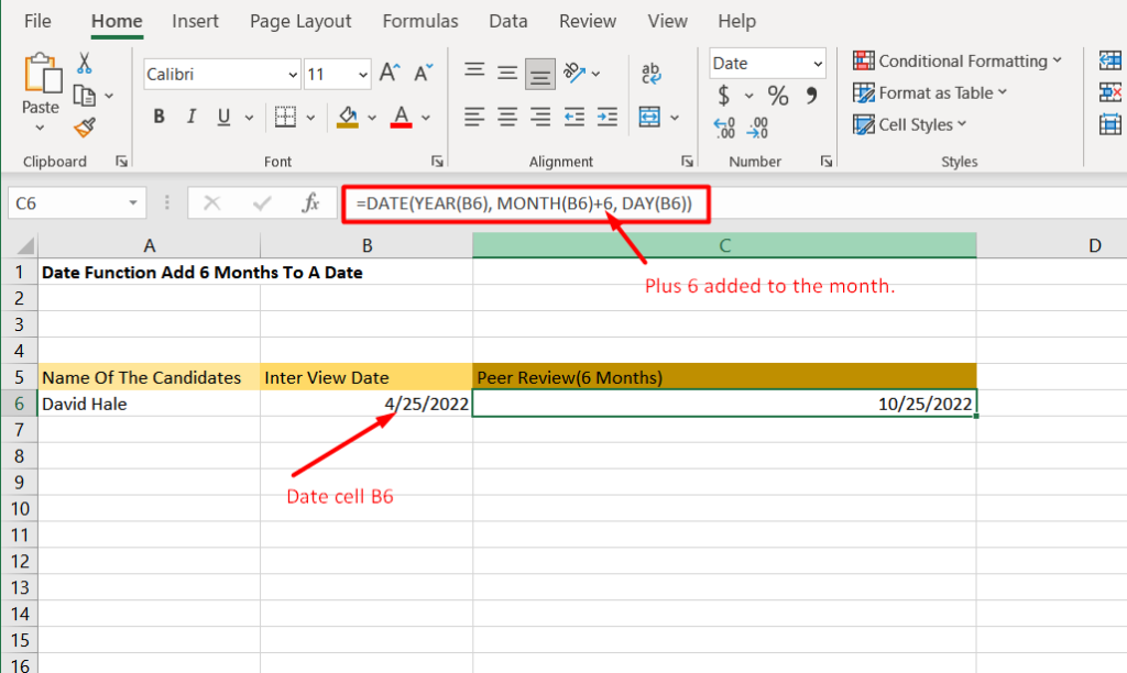 Add 6 Months to a Date in Excel