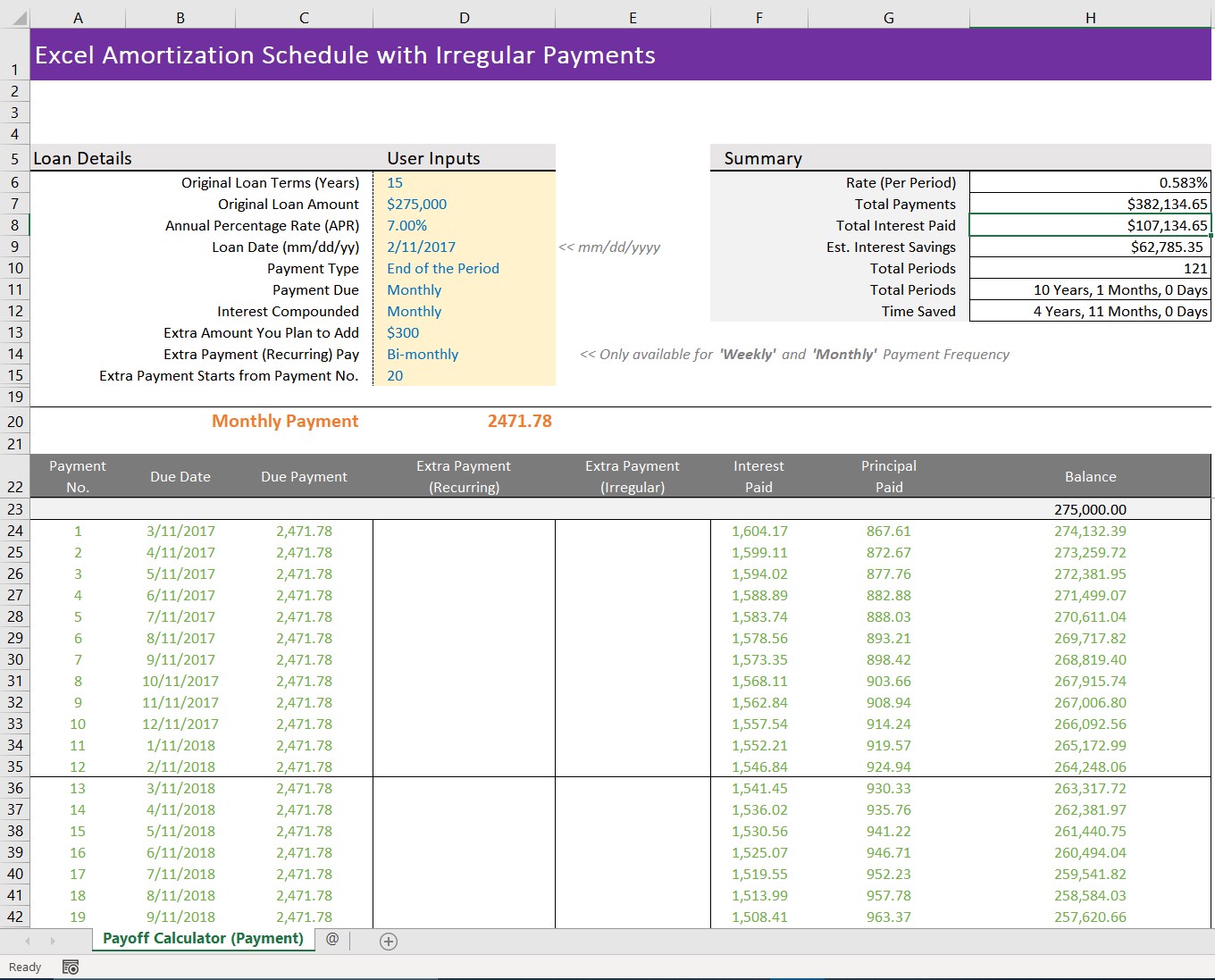 excel amortization schedule with irregular payments template