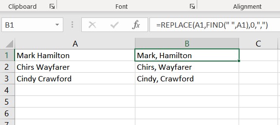 add a comma after the first word in each cell