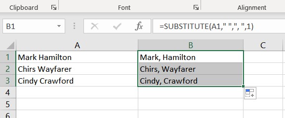 add a comma after the first word in each cell