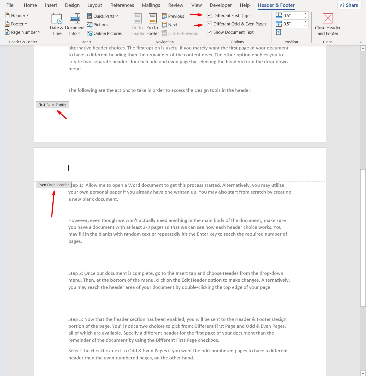 change header section in word