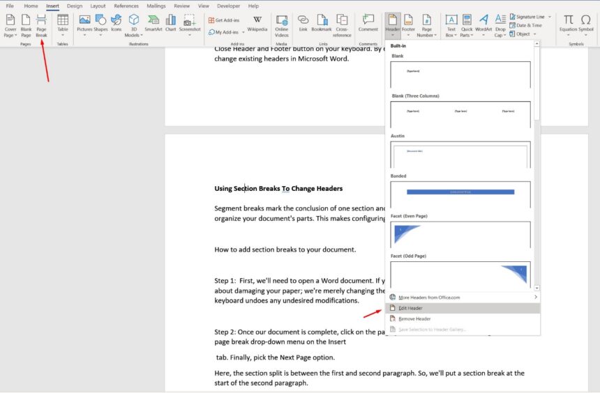 change header section in word