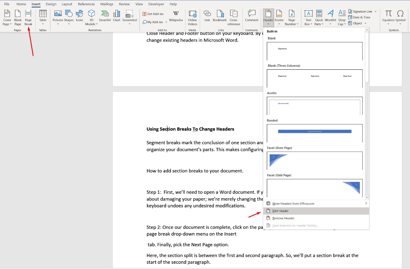 change header section in word